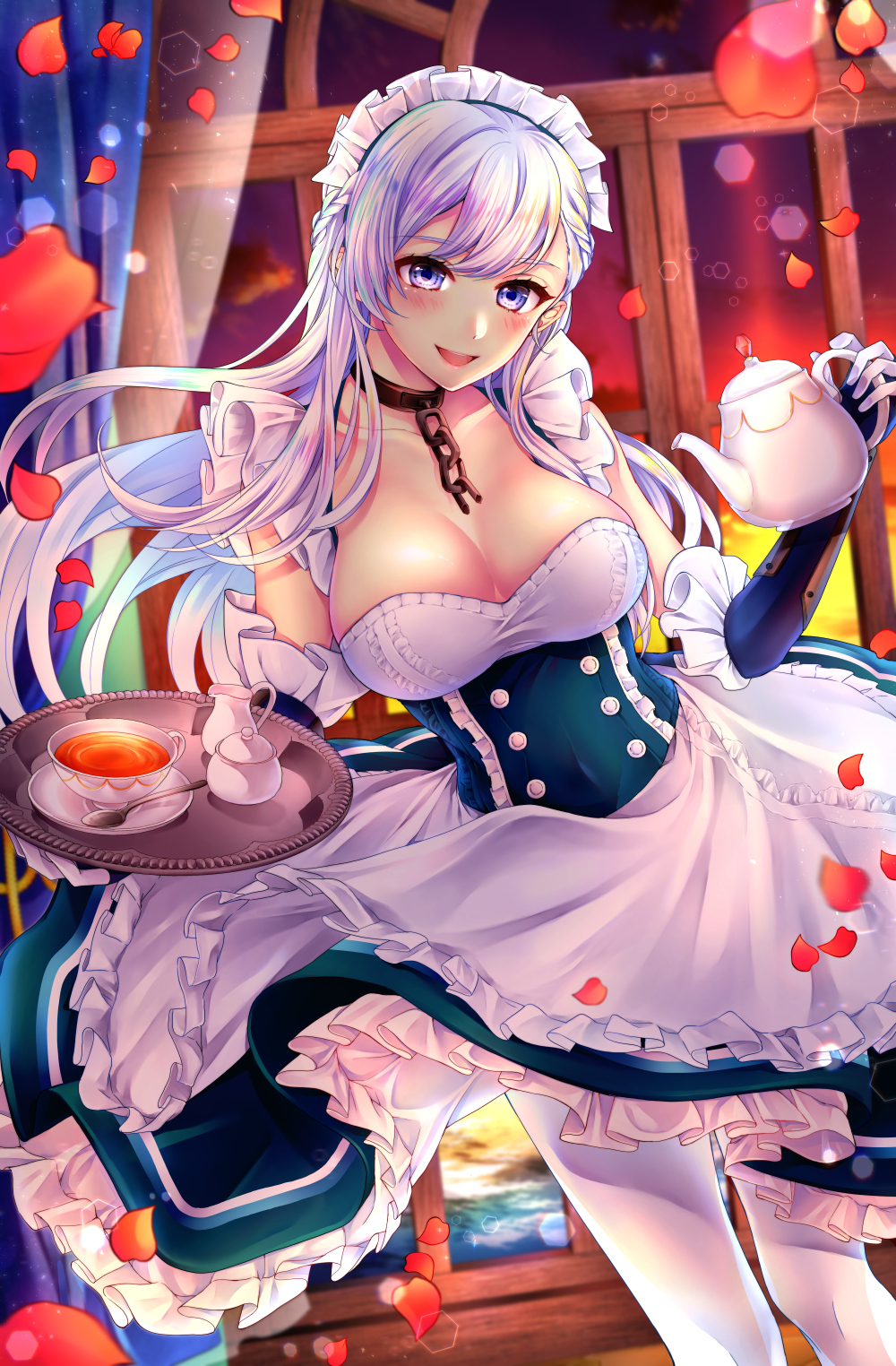 1girl :d apron azur_lane bangs belfast_(azur_lane) blue_eyes blurry blurry_background blush braid breasts chains cleavage clouds collar collarbone corset cup curtains day dress evening eyebrows_visible_through_hair floating_hair french_braid frilled_gloves frills gloves head_tilt highres holding holding_teapot holding_tray indoors irokiiro jug large_breasts light_particles long_hair looking_at_viewer maid maid_headdress ocean open_mouth orange_sky pantyhose petals saucer sidelocks silver_hair skindentation sky smile solo spoon sunlight teacup tray white_gloves white_legwear wind wind_lift window