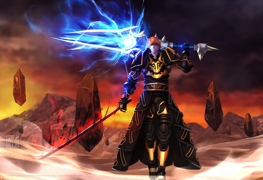 1boy arm_guards armor artoflariz aura bankai black_armor black_footwear black_gloves bleach boots crossover dual_wielding full_body gloves holding holding_sword holding_weapon katana kurosaki_ichigo looking_at_viewer orange_hair over_shoulder shoulder_armor shoulder_pads spiky_hair sword sword_over_shoulder tensa_zangetsu_(bankai) warcraft weapon weapon_over_shoulder world_of_warcraft