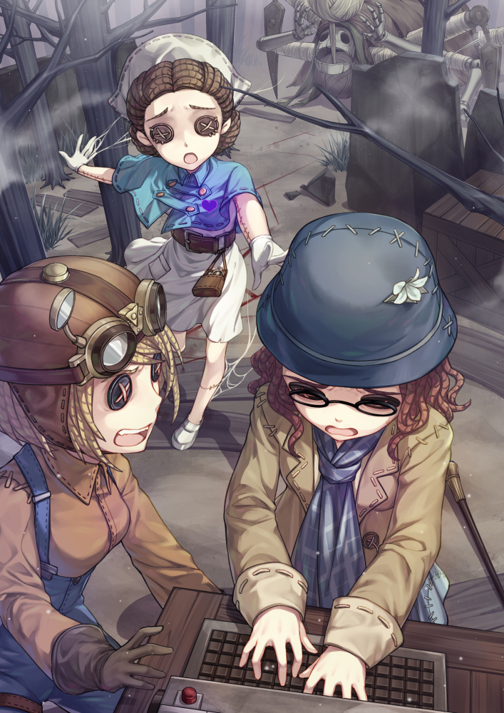 3girls aviator_cap bare_tree black_eyes black_hat blonde_hair blue_capelet blue_neckwear blue_skirt brown_eyes brown_gloves brown_hair brown_hat brown_jacket brown_shirt button_eyes capelet character_request collared_shirt commentary_request dress fog gloves goggles goggles_on_head hat head_scarf identity_v jacket jh monster_girl multiple_girls official_art open_clothes open_jacket open_mouth outdoors overalls plaid_neckwear shirt shoes short_hair silk skirt spider_web standing standing_on_one_leg tree white_dress white_footwear white_gloves white_hat