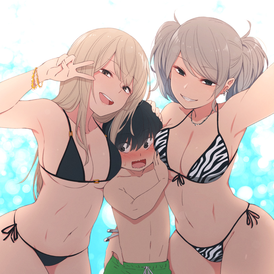 1boy 2girls :d age_difference animal_print arm_up armpits bikini black_bikini blush breasts brown_eyes commentary_request cowboy_shot earrings embarrassed eyebrows_visible_through_hair front-tie_bikini front-tie_top girl_sandwich grey_hair grin head_tilt jewelry kemuri_haku large_breasts light_brown_hair long_hair looking_at_viewer multiple_girls navel o-ring o-ring_bikini o-ring_top open_mouth original outdoors print_bikini sandwiched self_shot side-tie_bikini smile sweatdrop swimsuit twintails v wavy_mouth