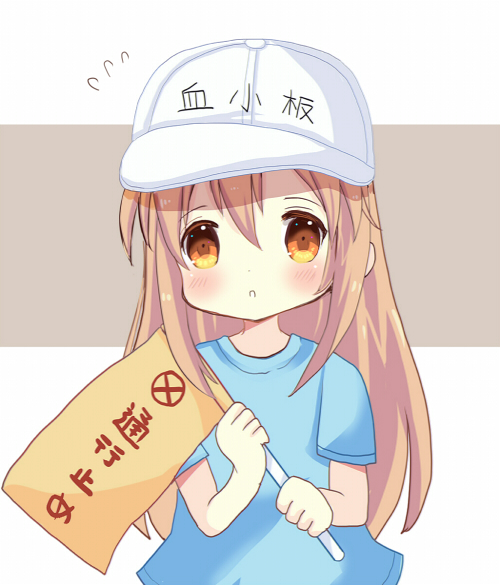1girl :o bangs blue_shirt blush brown_eyes character_name clothes_writing commentary_request eyebrows_visible_through_hair flag flat_cap flying_sweatdrops hair_between_eyes hands_up hat hataraku_saibou holding holding_flag light_brown_hair long_hair looking_at_viewer maodouzi parted_lips platelet_(hataraku_saibou) shirt short_sleeves solo translated very_long_hair white_hat