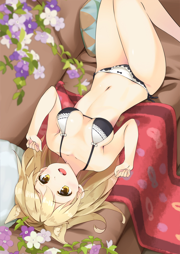 1girl :d animal_ears bangs bare_arms bare_legs bare_shoulders black_bra black_panties blonde_hair blush bow bow_panties bra breasts breasts_apart brown_eyes cat_ears collarbone commentary_request couch eyebrows_visible_through_hair flower kutata long_hair looking_at_viewer lying medium_breasts navel on_back on_couch open_mouth original panties pillow purple_flower round_teeth smile solo teeth underwear underwear_only upper_teeth white_flower