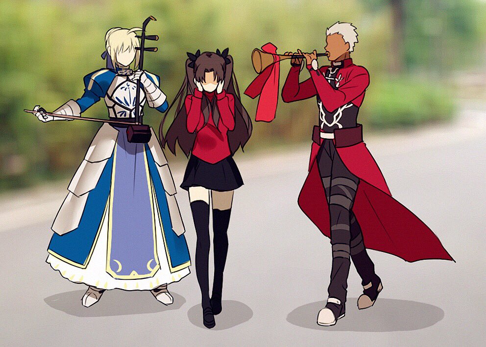 1boy 2girls ahoge archer armor armored_dress artoria_pendragon_(all) black_hair black_legwear black_skirt blonde_hair commentary_request covering_ears dark_skin dark_skinned_male dress fate/stay_night fate_(series) gauntlets hair_bun hair_ribbon instrument long_hair long_sleeves meme multiple_girls music no_eyes no_mouth playing_instrument ribbon saber short_hair skirt thigh-highs tohsaka_rin trumpet_boy twintails two_side_up white_hair yaoshi_jun zettai_ryouiki