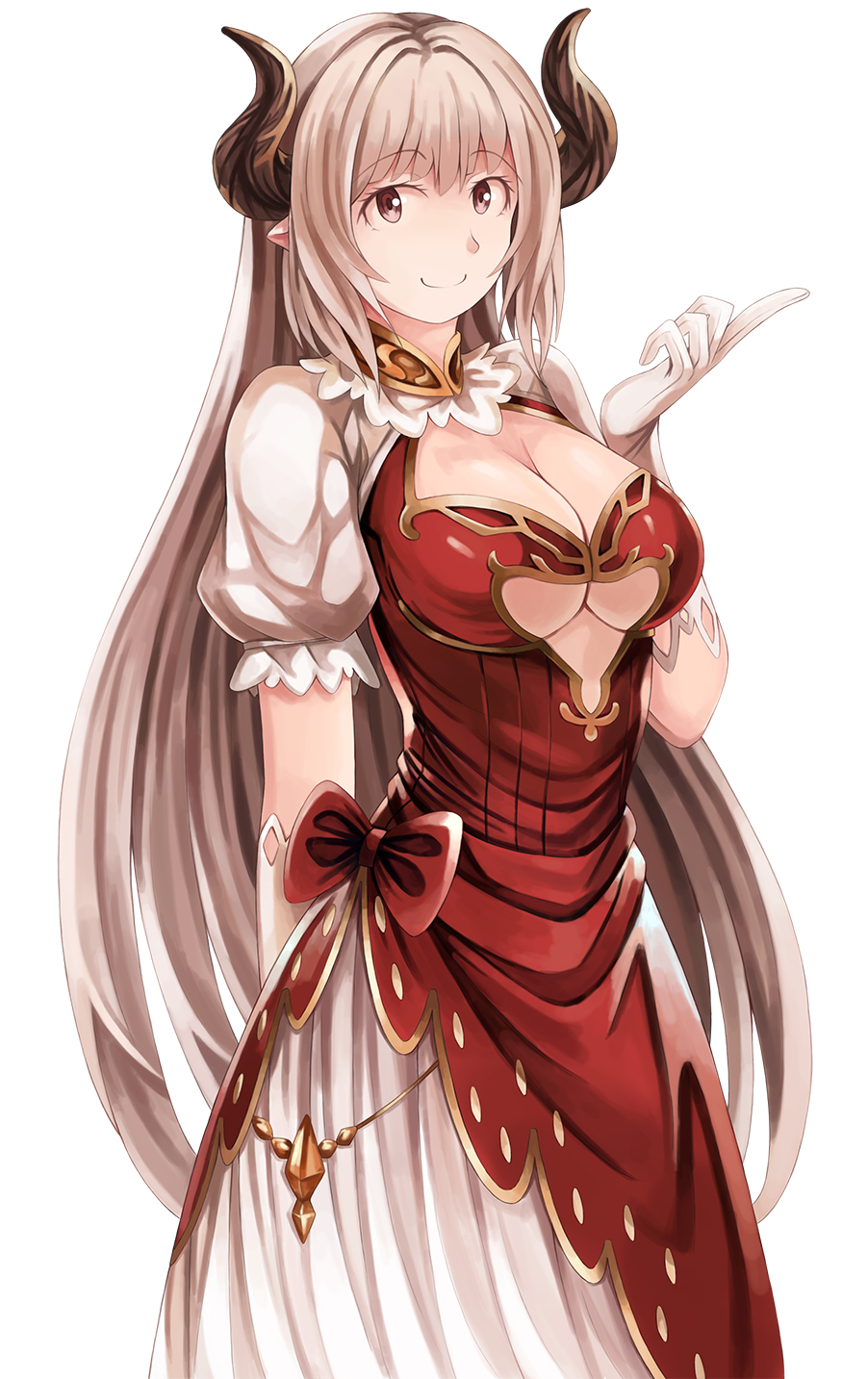 1girl alicia_(granblue_fantasy) beisaku_bei blush breasts cleavage draph dress earrings gloves granblue_fantasy highres horns jewelry large_breasts long_hair looking_at_viewer pointy_ears red_eyes silver_hair smile solo white_gloves