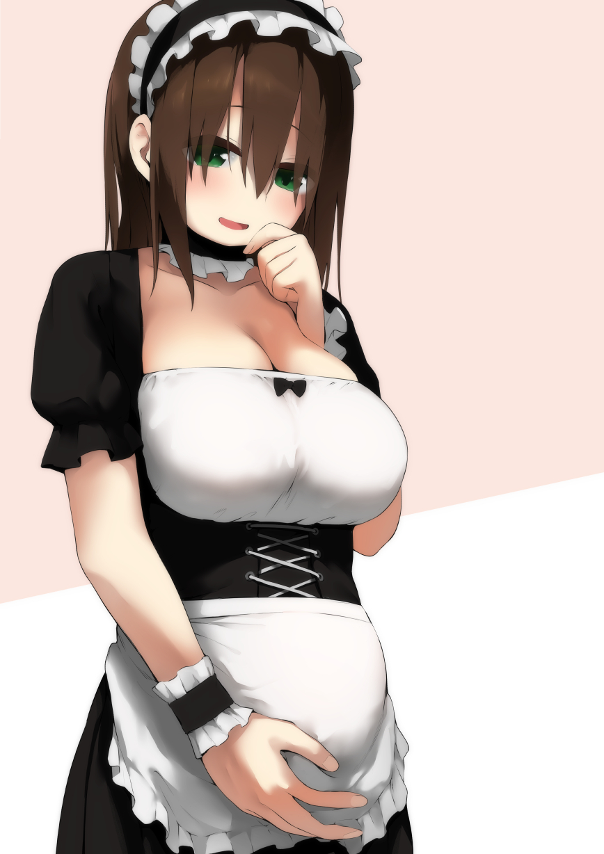 1girl breasts brown_hair cleavage eyes_visible_through_hair green_eyes hakumei_kosen hand_on_own_stomach highres large_breasts long_hair maid maid_headdress open_mouth original pregnant smile solo wrist_cuffs