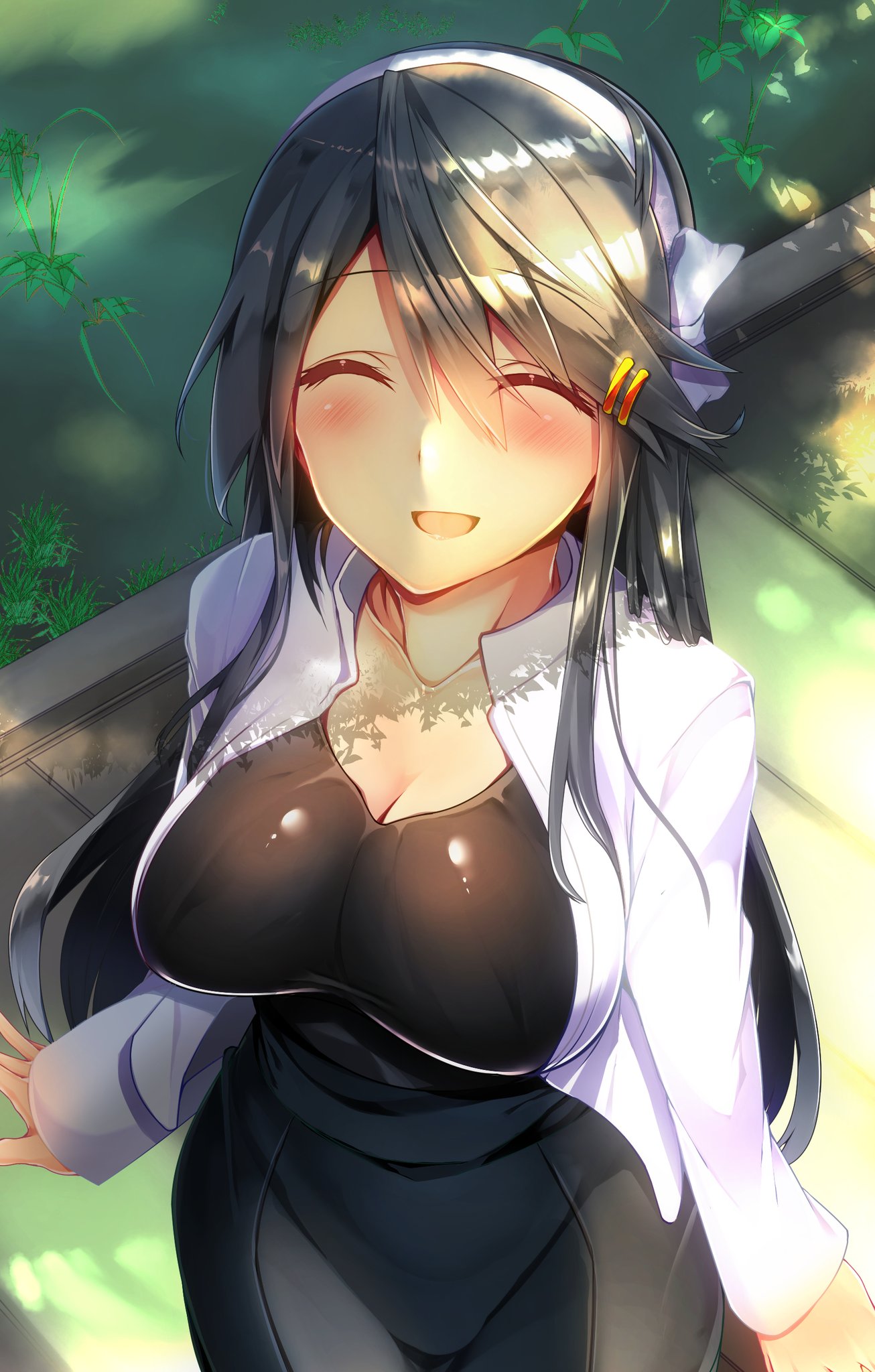 1girl :d alternate_costume bangs black_dress black_hair black_legwear black_shirt black_skirt blush boots breasts casual cleavage closed_eyes collarbone day dress eyebrows_visible_through_hair eyes_visible_through_hair hair_between_eyes hair_ornament hairband hairclip haruna_(kantai_collection) high-waist_skirt highres jacket kantai_collection large_breasts long_hair looking_at_viewer open_mouth outdoors remodel_(kantai_collection) ribbon shade shirt sidelocks skirt smile solo standing tsukui_kachou white_jacket