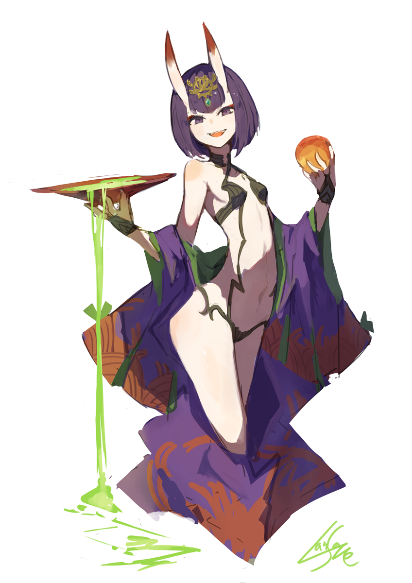 1girl :d bare_shoulders breasts commentary_request cup fate/grand_order fate_(series) headpiece highres holding horns japanese_clothes kimono lansane long_sleeves looking_at_viewer navel off_shoulder oni oni_horns open_mouth pale_skin purple_hair purple_kimono revealing_clothes sakazuki shuten_douji_(fate/grand_order) signature simple_background small_breasts smile solo standing violet_eyes white_background wide_sleeves