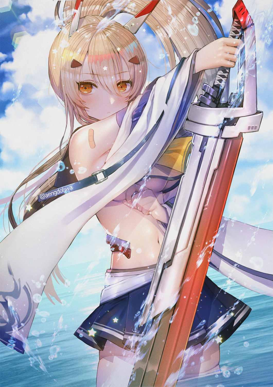 1girl ayanami_(azur_lane) azur_lane bandaid_on_arm bangs bare_shoulders blonde_hair blue_sky blush breasts closed_mouth clouds crop_top crop_top_overhang detached_sleeves eyebrows_visible_through_hair hair_between_eyes hair_ornament hanato_(seonoaiko) headgear highres holding holding_sword holding_weapon long_hair looking_at_viewer navel partially_submerged pleated_skirt ponytail red_eyes rigging school_uniform serafuku shirt skirt sky solo splashing standing star stomach sword thigh-highs thighs twitter_username upper_body water_drop weapon white_legwear white_shirt wide_sleeves