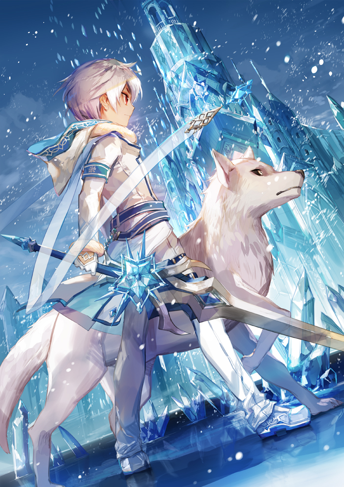 1boy castle elsword elsword_(character) glacier gloves hood hooded_jacket ice jacket pants red_eyes scorpion5050 shirt snowing standing sword weapon white_footwear white_gloves white_hair white_pants white_shirt wolf