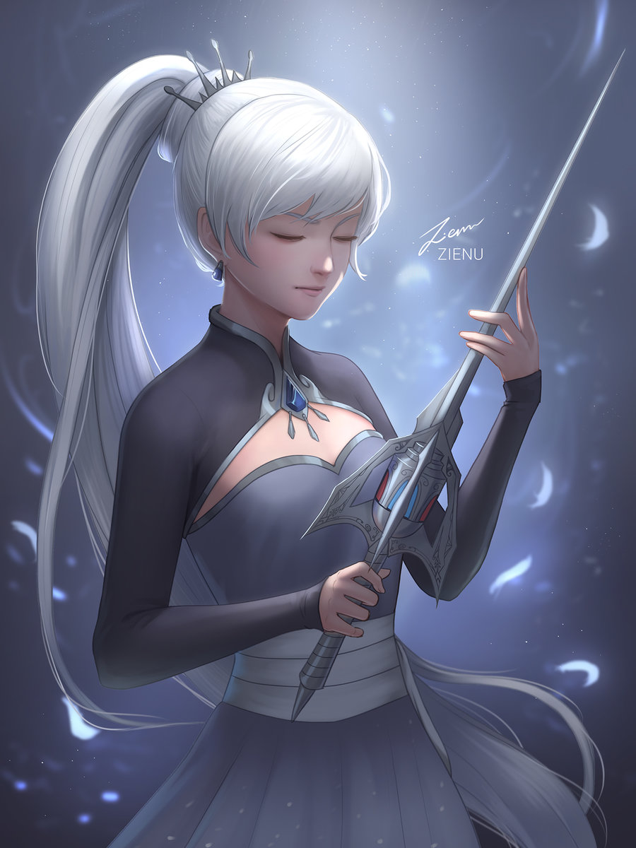 1girl artist_name breasts closed_eyes closed_mouth commentary gem highres holding holding_sword holding_weapon long_hair long_sleeves medium_breasts rwby signature solo sword tagme very_long_hair weapon weiss_schnee white_background zienu