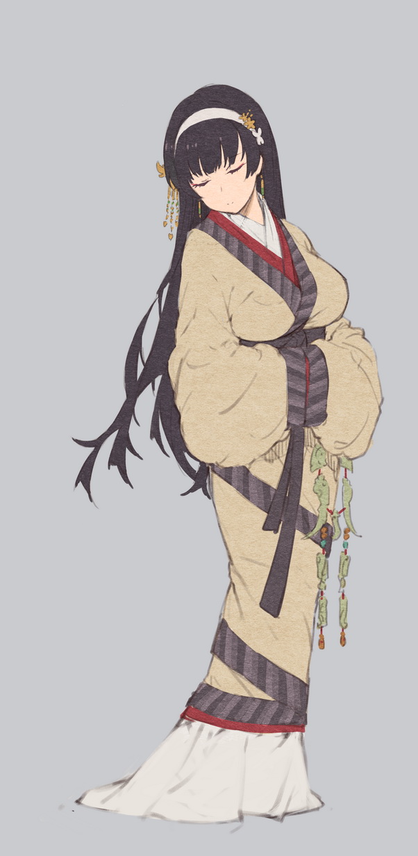 1girl black_hair character_request chinese_clothes closed_eyes facing_viewer fangdan_runiu full_body girls_frontline grey_background hair_ornament hairband hands_in_opposite_sleeves hanfu head_tilt highres long_hair long_sleeves simple_background solo standing very_long_hair wide_sleeves