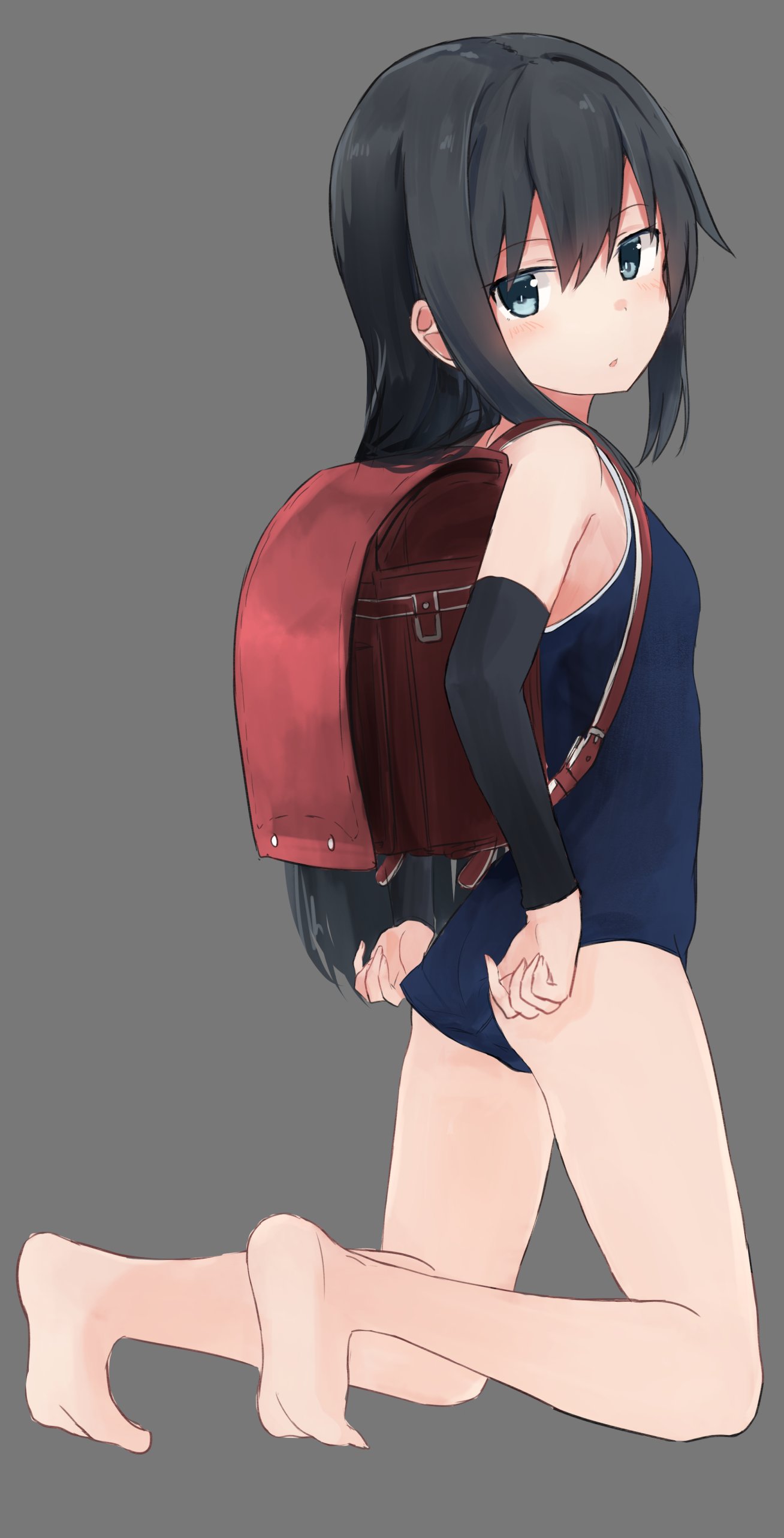 1girl :o absurdres adjusting_clothes adjusting_swimsuit arm_warmers asashio_(kantai_collection) ass backpack bag bangs barefoot black_hair blue_eyes breasts eyebrows_visible_through_hair from_side full_body grey_background highres kantai_collection kneeling long_hair looking_at_viewer looking_to_the_side one-piece_swimsuit open_mouth randoseru school_swimsuit simple_background small_breasts solo swimsuit yuki_(yukin0128)