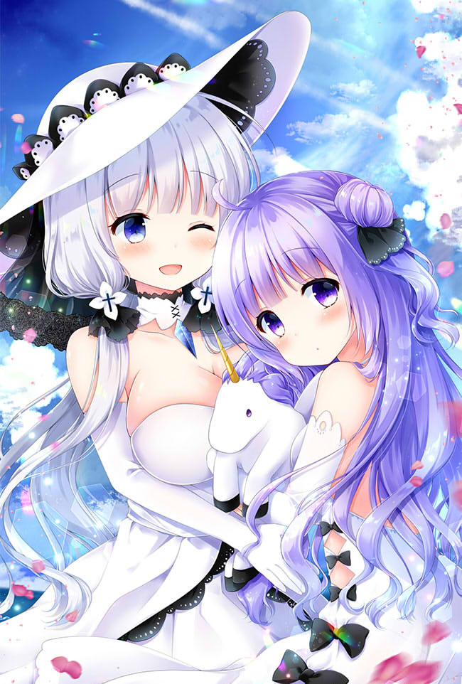 2girls ;d ahoge azur_lane bangs bare_shoulders black_bow black_ribbon blue_sky blunt_bangs blush bow breasts closed_mouth clouds collarbone commentary_request day detached_sleeves dress elbow_gloves eyebrows_visible_through_hair gloves hair_bun hair_ribbon hat head_tilt illustrious_(azur_lane) large_breasts long_hair long_sleeves looking_at_viewer multiple_girls murasaki_(murasakiiro_no_yoru) object_hug one_eye_closed one_side_up open_mouth outdoors petals purple_hair ribbon side_bun silver_hair sky smile strapless strapless_dress stuffed_animal stuffed_pegasus stuffed_toy stuffed_unicorn unicorn_(azur_lane) very_long_hair violet_eyes white_dress white_gloves white_hat