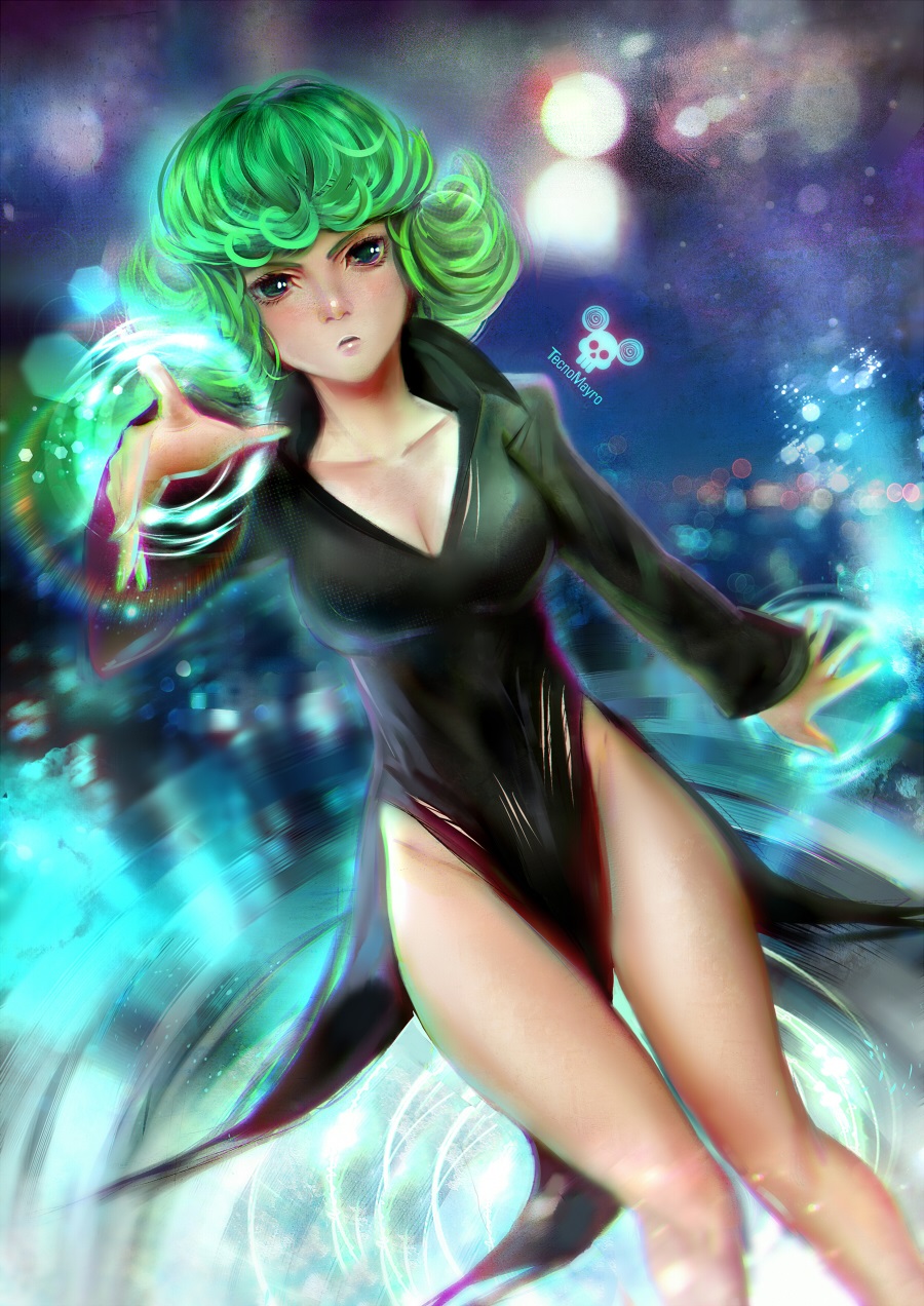 1girl artist_logo artist_name black_dress breasts cleavage commentary curly_hair dress green_hair highres legs looking_at_viewer medium_breasts one-punch_man pout reaching ripples short_hair solo tatsumaki tecnomayro