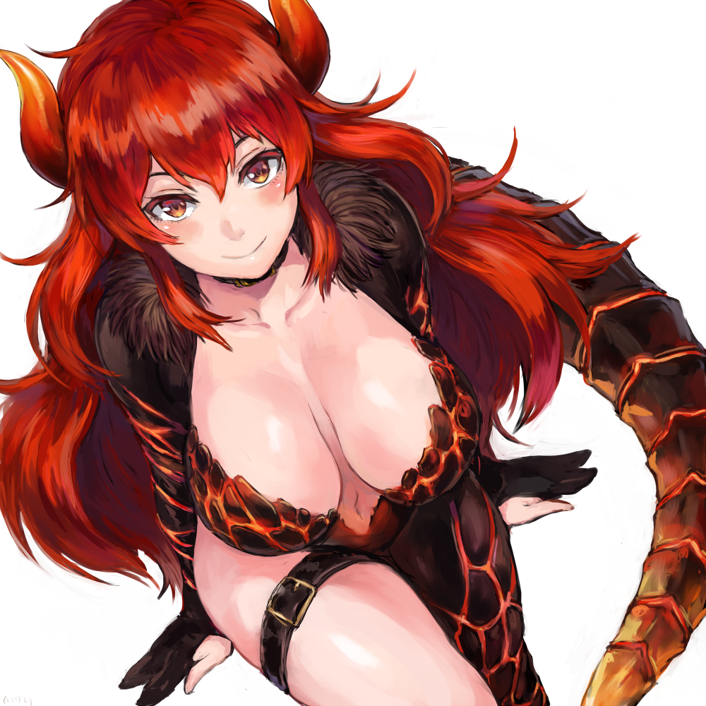 1girl bangs belt_collar black_collar blush breasts breasts_apart brown_eyes buckle closed_mouth collarbone commentary_request doora_(nijisanji) dragon_girl dragon_horns dragon_tail from_above fur_collar hair_between_eyes horns large_breasts long_hair looking_at_viewer looking_up navel nijisanji redhead scales shiny shiny_skin shu-mai simple_background sitting smile solo tail thigh_strap virtual_youtuber white_background