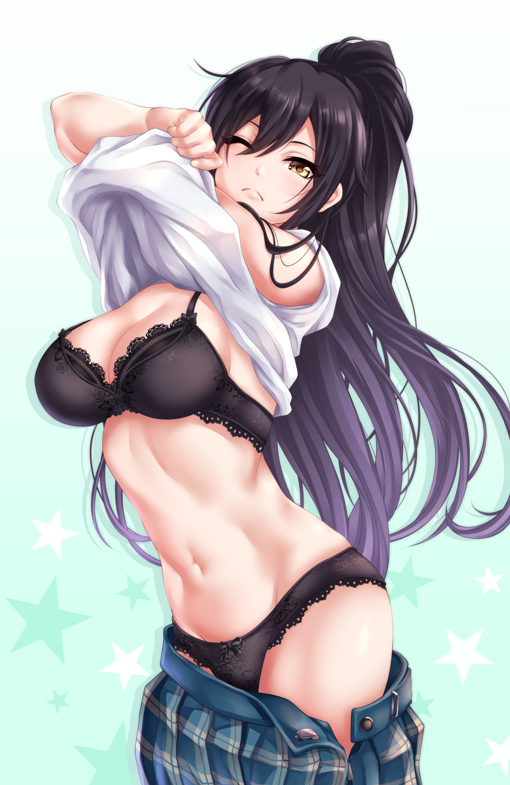 1girl ;( aqua_background black_bra black_hair black_panties blush bra breasts cleavage closed_mouth commentary_request high_ponytail highres idolmaster idolmaster_shiny_colors lace lace-trimmed_bra lace-trimmed_panties large_breasts lifted_by_self long_hair looking_at_viewer midriff navel one_eye_closed panties pleated_skirt ponytail school_uniform shirase_sakuya shirt_lift skirt solo standing star tdnd-96 underwear undressing yellow_eyes