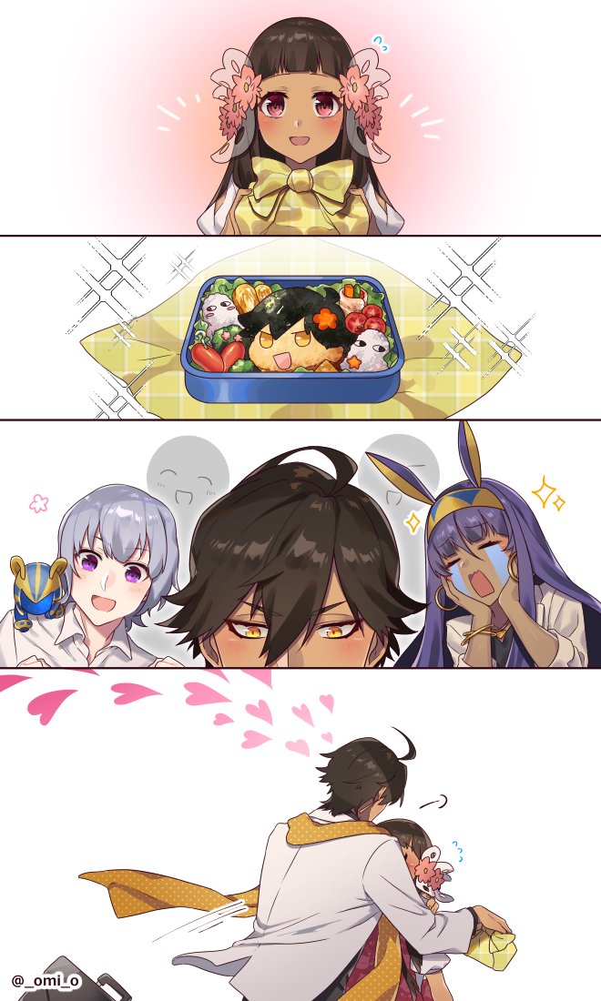 2boys 2girls 4koma ahoge animal_ears bangs black_hair bracelet brown_eyes brown_hair cape comic commentary_request crying dark_skin dark_skinned_male earrings egyptian_clothes facial_mark fate/grand_order fate/prototype fate/prototype:_fragments_of_blue_and_silver fate_(series) flower hair_flower hair_ornament hairband jackal_ears jewelry long_hair moses_(fate/prototype_fragments) multiple_boys multiple_girls necklace nefertiti_(fate/prototype_fragments) nitocris_(fate/grand_order) obentou omi_(tyx77pb_r2) open_mouth ozymandias_(fate) purple_hair silent_comic smile twitter_username violet_eyes yellow_eyes