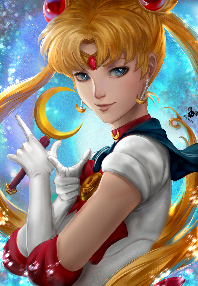 1girl artist_name back_bow bangs bishoujo_senshi_sailor_moon blonde_hair blouse blue_eyes blue_sailor_collar bow choker closed_mouth colored commentary_request crescent crescent_earrings crescent_moon crescent_moon_choker crescent_moon_earrings derivative_work earrings elbow_gloves from_side gloves jewelry long_hair looking_at_viewer moon parted_bangs pointing red_choker red_neckwear sailor_collar sailor_moon sailor_senshi_uniform short_sleeves solo stanley_lau tecnomayro very_long_hair white_blouse white_gloves