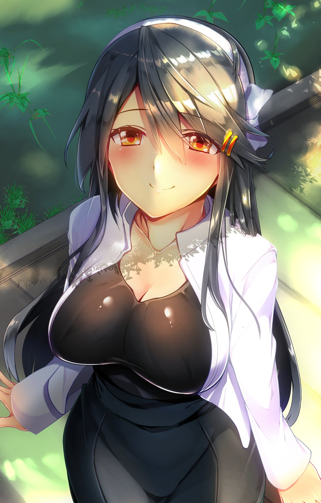 1girl alternate_costume bangs black_dress black_hair black_legwear black_shirt black_skirt blush boots breasts brown_eyes casual cleavage closed_mouth collarbone day dress eyebrows_visible_through_hair eyes_visible_through_hair hair_between_eyes hair_ornament hairband hairclip half-closed_eyes haruna_(kantai_collection) high-waist_skirt highres jacket kantai_collection large_breasts long_hair looking_at_viewer outdoors remodel_(kantai_collection) ribbon shade shirt sidelocks skirt smile solo standing tsukui_kachou white_jacket