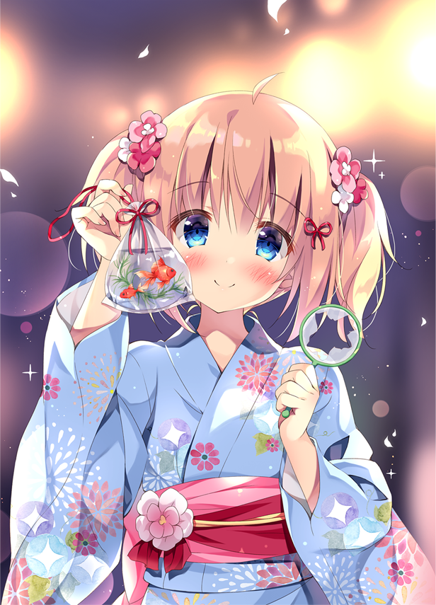 1girl ahoge bag bagged_fish bangs blue_eyes blue_kimono blurry blush bokeh commentary_request cover depth_of_field eyebrows_visible_through_hair fish floral_print flower goldfish hair_flower hair_ornament hair_ribbon hands_up holding japanese_clothes kimono long_sleeves looking_at_viewer magazine_cover obi original pan_(mimi) poi_(goldfish_scoop) red_ribbon ribbon sash smile solo sparkle textless twintails upper_body wide_sleeves