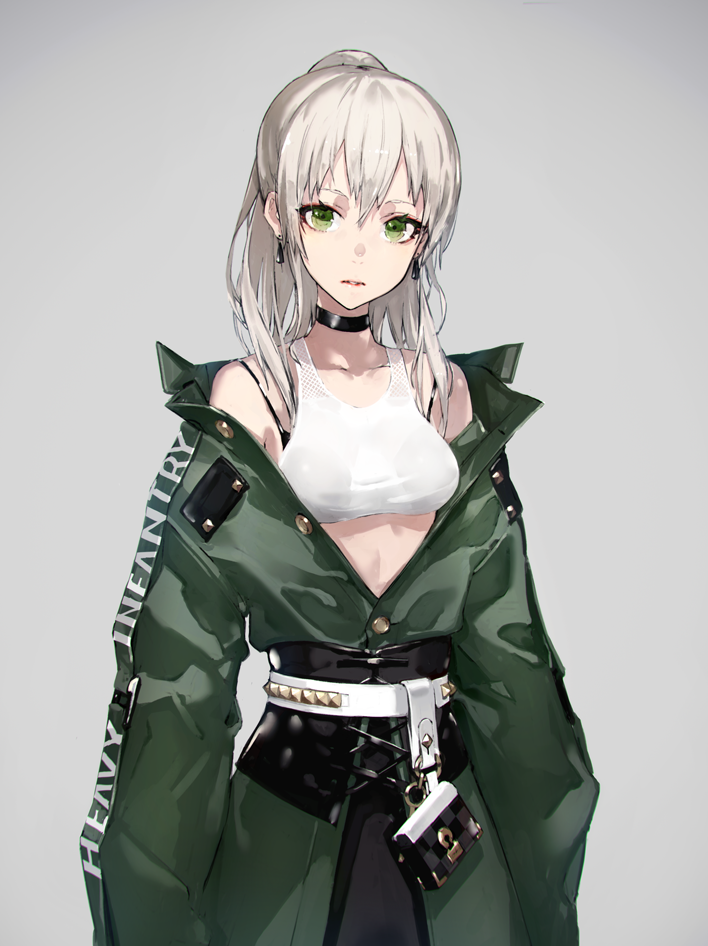 1girl casual choker closed_mouth cowboy_shot earrings green_eyes grey_background jacket jewelry long_hair looking_at_viewer neco off_shoulder original ponytail silver_hair simple_background solo tank_top