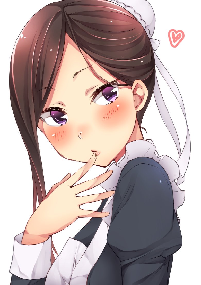 1girl alternate_costume apron blush brown_hair dorothy_(princess_principal) enmaided frilled_apron frills from_side hair_bun head_tilt heart long_sleeves looking_at_viewer maid parted_lips princess_principal puffy_sleeves short_hair_with_long_locks sk02 solo upper_body violet_eyes white_apron white_background