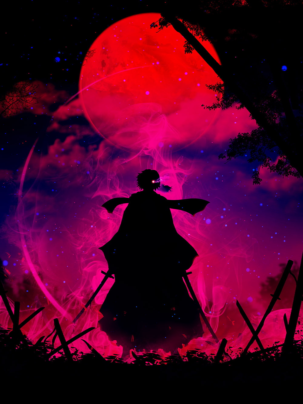 1boy aura commentary_request dual_wielding fate/grand_order fate_(series) glowing glowing_eyes harada_miyuki highres holding holding_sword holding_weapon legs_apart looking_at_viewer male_focus moon official_art okada_izou_(fate) outdoors planted_sword planted_weapon purple_sky red_moon robe scarf silhouette solo standing sword weapon