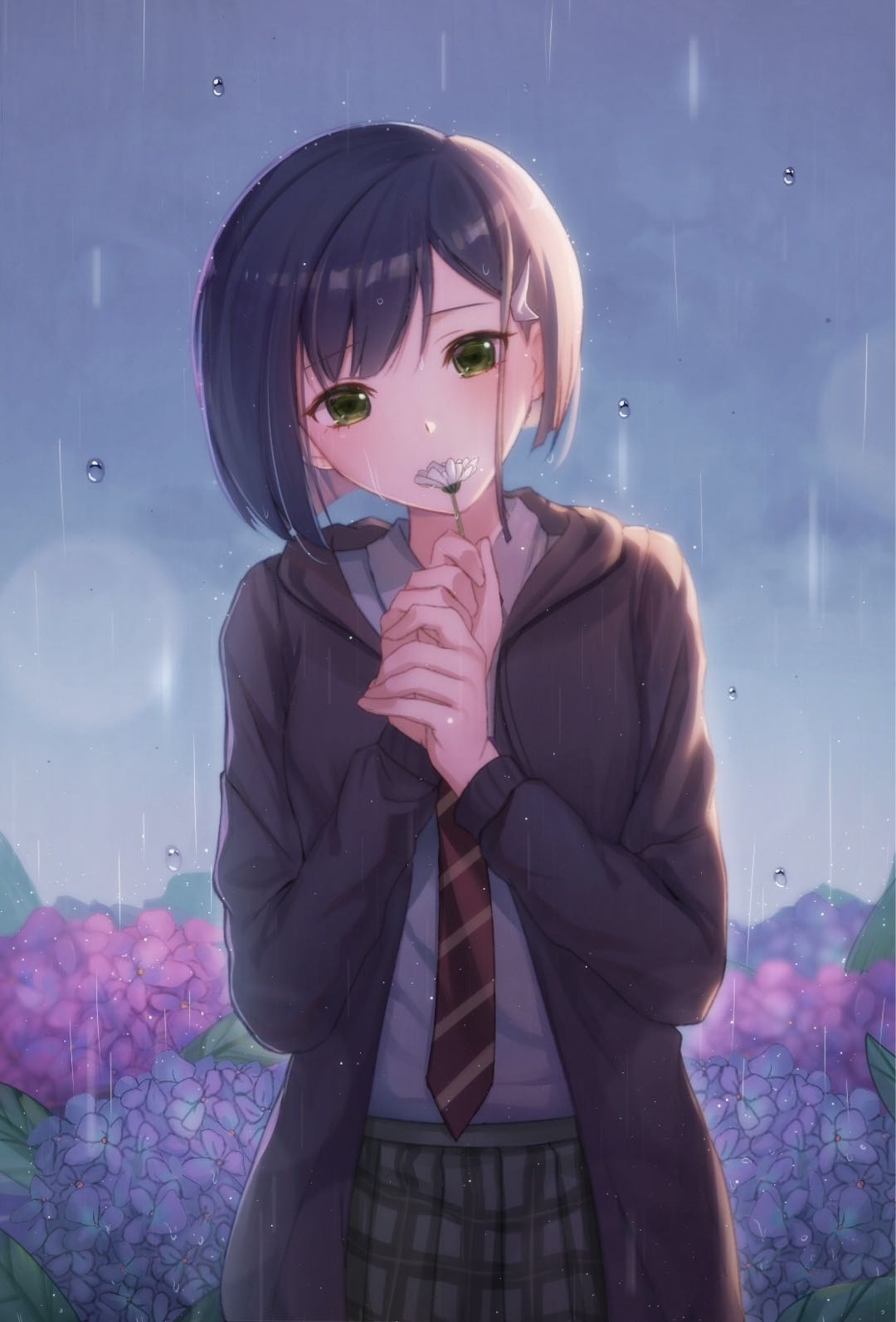 1girl bangs black_jacket blue_hair blush commentary covering_mouth cowboy_shot darling_in_the_franxx eyebrows_visible_through_hair flower green_eyes green_skirt hair_ornament hairclip highres holding holding_flower hydrangea ichigo_(darling_in_the_franxx) ihsara10 jacket long_sleeves necktie open_clothes open_jacket outdoors rain school_uniform skirt solo striped_neckwear