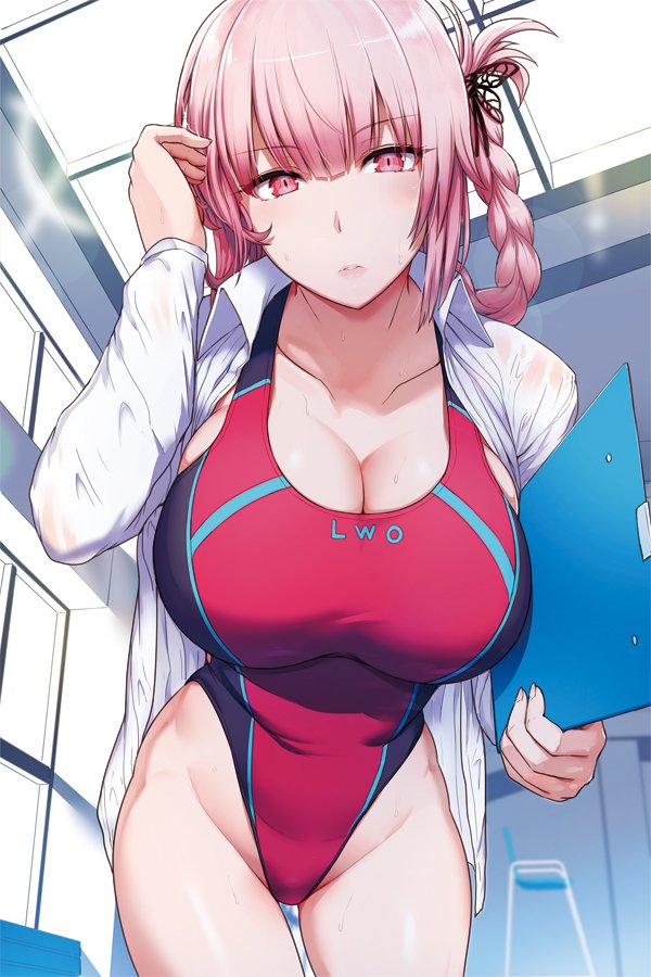 1girl blush braid breasts cleavage collarbone competition_swimsuit fate/grand_order fate_(series) florence_nightingale_(fate/grand_order) hair_tucking holding large_breasts leaning_forward looking_at_viewer miyamoto_issa one-piece_swimsuit open_clothes open_shirt parted_lips pink_eyes pink_hair shirt short_hair solo swimsuit twin_braids white_shirt