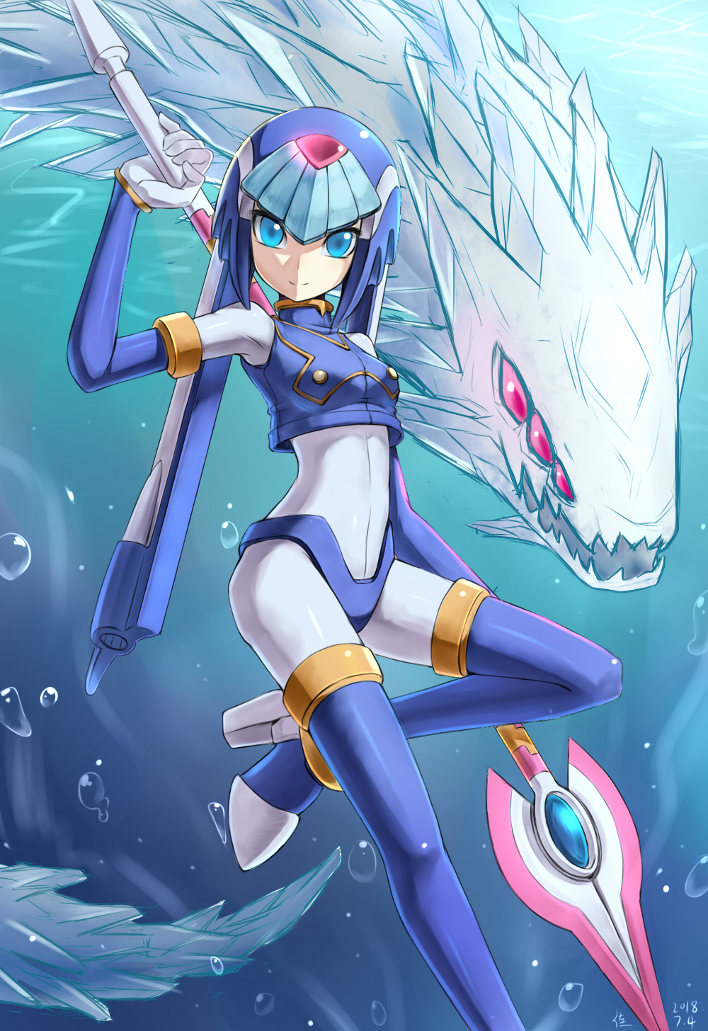 1girl 2578221183 android blue_eyes bodysuit boots breasts bubble capcom closed_mouth gloves helmet high_heels highres holding holding_weapon ice ice_dragon inti_creates leviathan_(rockman) looking_at_viewer medium_breasts polearm red_eyes rockman rockman_zero smile solo spear thigh-highs thigh_boots underwater weapon white_gloves