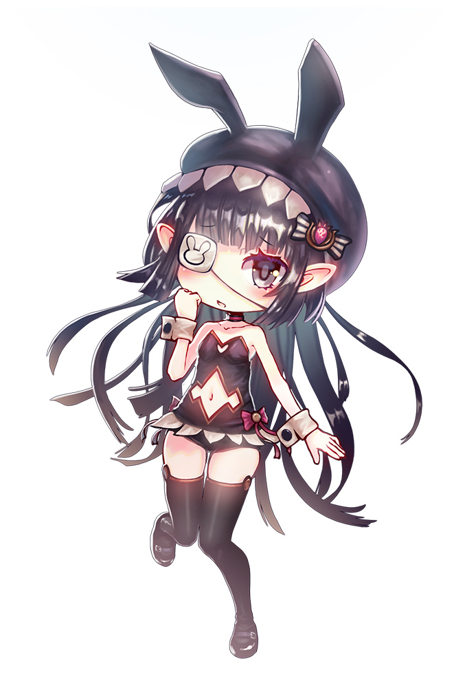 1girl animal_ears animal_hat bangs bare_shoulders black_eyes black_footwear black_hair black_hat black_legwear black_leotard blush bunny_girl bunny_hat bunnysuit chibi collarbone commentary_request eyebrows_visible_through_hair eyepatch granblue_fantasy grey_background hand_up harvin hat head_tilt leotard long_hair looking_at_viewer lunalu_(granblue_fantasy) navel navel_cutout parted_lips rabbit_ears shoes solo standing standing_on_one_leg strapless strapless_leotard tanaka_ken'ichi thigh-highs very_long_hair wrist_cuffs