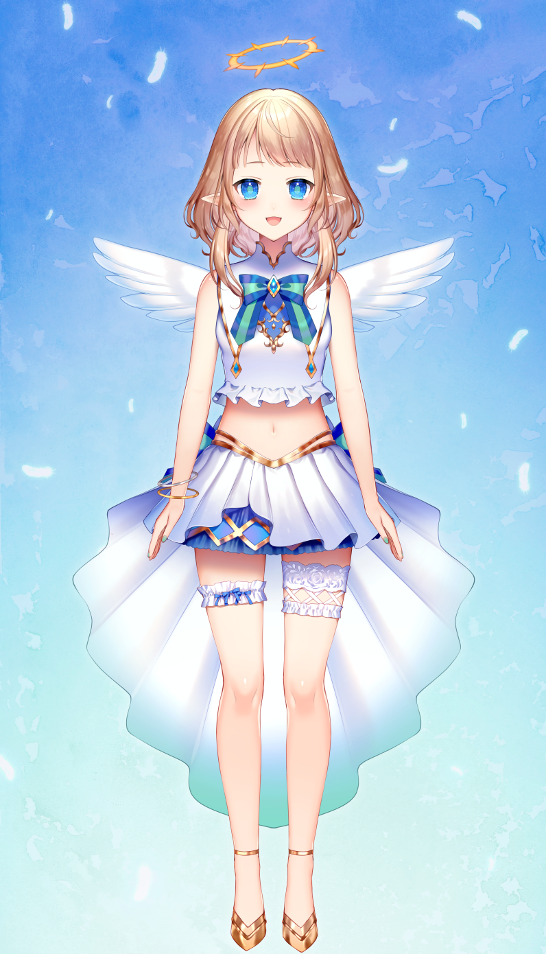 1girl :d angel_wings arms_at_sides bangs bare_shoulders blue_eyes blush commentary_request copyright_request eyebrows_visible_through_hair feathers full_body halo highres light_brown_hair looking_at_viewer midriff momoshiki_tsubaki navel open_mouth original pleated_skirt pointy_ears shirt shoes skirt sleeveless sleeveless_shirt smile solo standing virtual_youtuber white_feathers white_shirt white_skirt wings