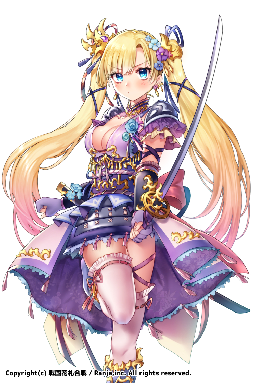 1girl armor blue_eyes blush breasts chiori_(pixiv9569926) cleavage clenched_hand earrings fighting_stance fingerless_gloves flower gloves hair_flower hair_ornament highres holding holding_sword holding_weapon jewelry long_hair looking_at_viewer medium_breasts official_art purple_gloves sengoku_hanafuda_kassen sheath skirt solo standing standing_on_one_leg sword thigh-highs twintails watermark weapon white_legwear