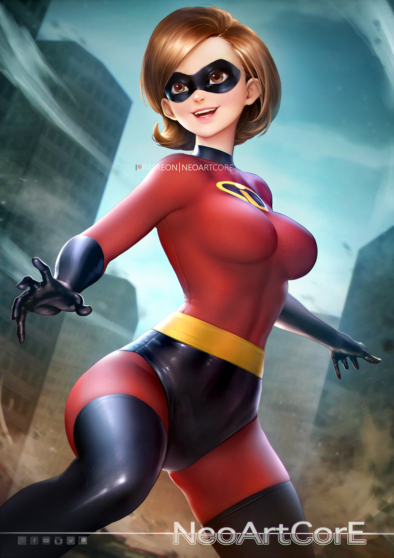 1girl artist_name black_gloves black_legwear bodysuit breasts brown_eyes brown_hair building city domino_mask elastigirl elbow_gloves eyes gloves helen_parr lips mask medium_breasts nose nudtawut_thongmai outdoors shiny shiny_clothes shiny_hair short_hair signature skin_tight smile solo spandex squatting superhero the_incredibles thigh-highs thighs