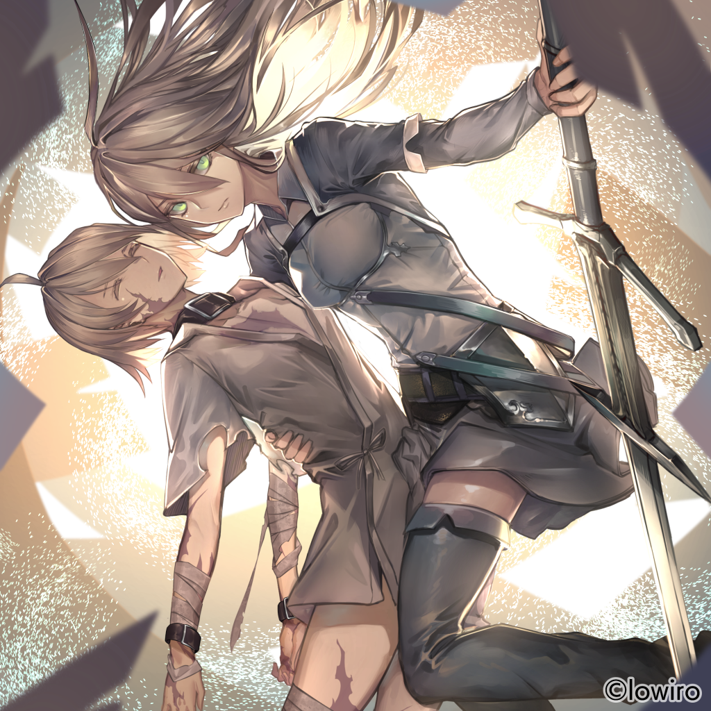 ahoge arcaea bangs black_collar black_footwear black_legwear boots breasts brown_hair burn_scar character_request collar collared_shirt commentary_request dutch_angle eyebrows_visible_through_hair fixro2n floating_hair green_eyes grey_shirt grey_skirt hair_between_eyes holding holding_sword holding_weapon long_hair medium_breasts official_art scar shirt skirt sword thigh-highs thigh_boots watermark weapon
