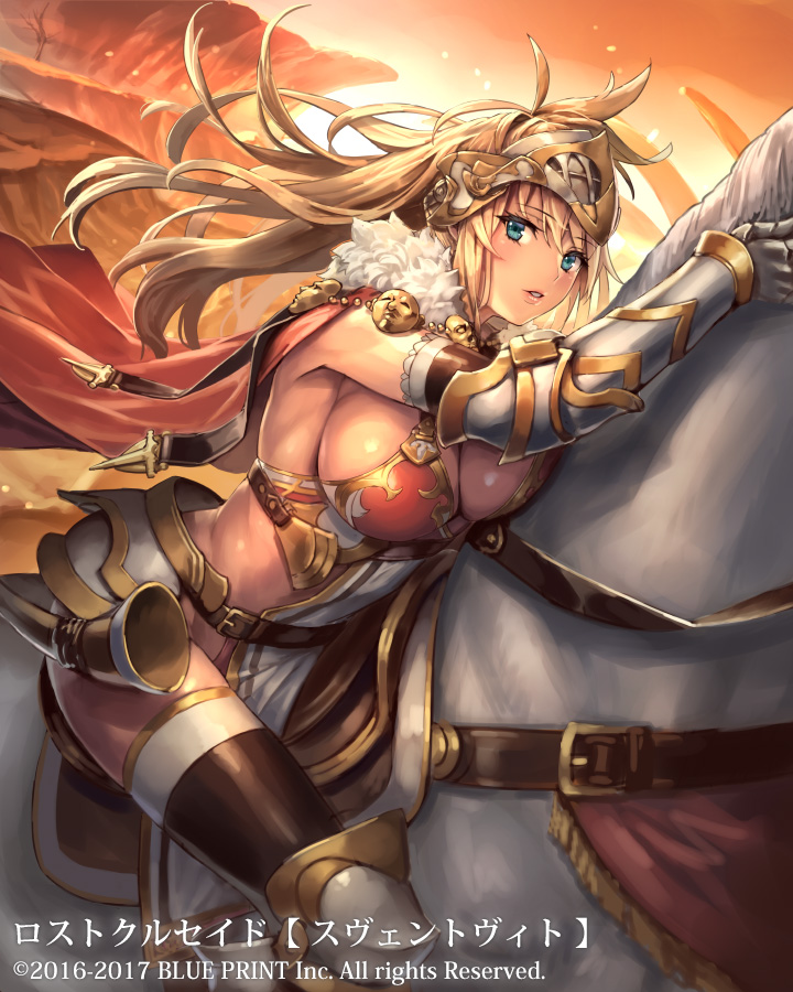 1girl armor blonde_hair blue_eyes blush breasts cape cleavage cliff commentary_request copyright cuboon dusk elbow_sleeve forehead_protector frills fur_trim gauntlets helmet horn_(instrument) horse horseback_riding large_breasts leg_armor long_hair looking_at_viewer lost_crusade midriff official_art parted_lips pelvic_curtain red_cape riding sideboob strap sunset thigh-highs thighs visor