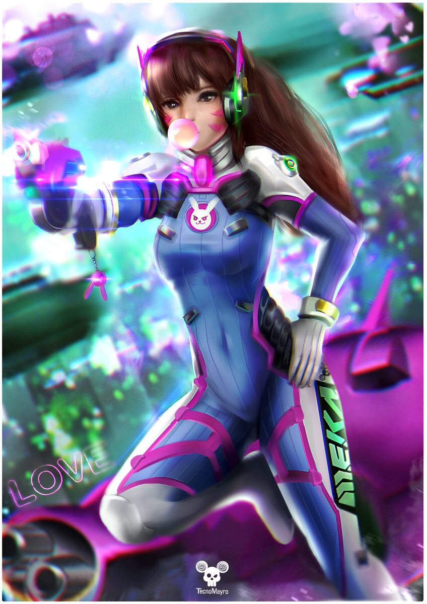 1girl animal_print arm_up artist_logo artist_name bangs blue_bodysuit bodysuit boots breasts brown_eyes brown_hair bubble_blowing bunny_charm bunny_print charm_(object) chewing_gum commentary covered_navel d.va_(overwatch) facepaint facial_mark gloves gun hand_on_hip headphones highres holding holding_gun holding_weapon long_hair looking_past_viewer mecha medium_breasts meka_(overwatch) overwatch pilot_suit ribbed_bodysuit shoulder_pads skin_tight solo tecnomayro weapon whisker_markings white_footwear white_gloves
