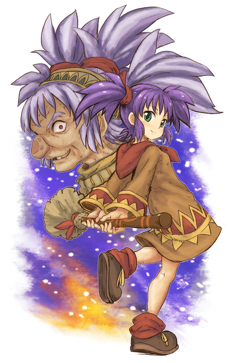 2girls abe_kanari age_comparison broom brown_dress brown_footwear dark_chronicle dress dual_persona full_body green_eyes highres holding holding_broom lin_(dark_chronicle) looking_at_viewer multiple_girls old_woman purple_hair shoes short_hair smile standing standing_on_one_leg twintails