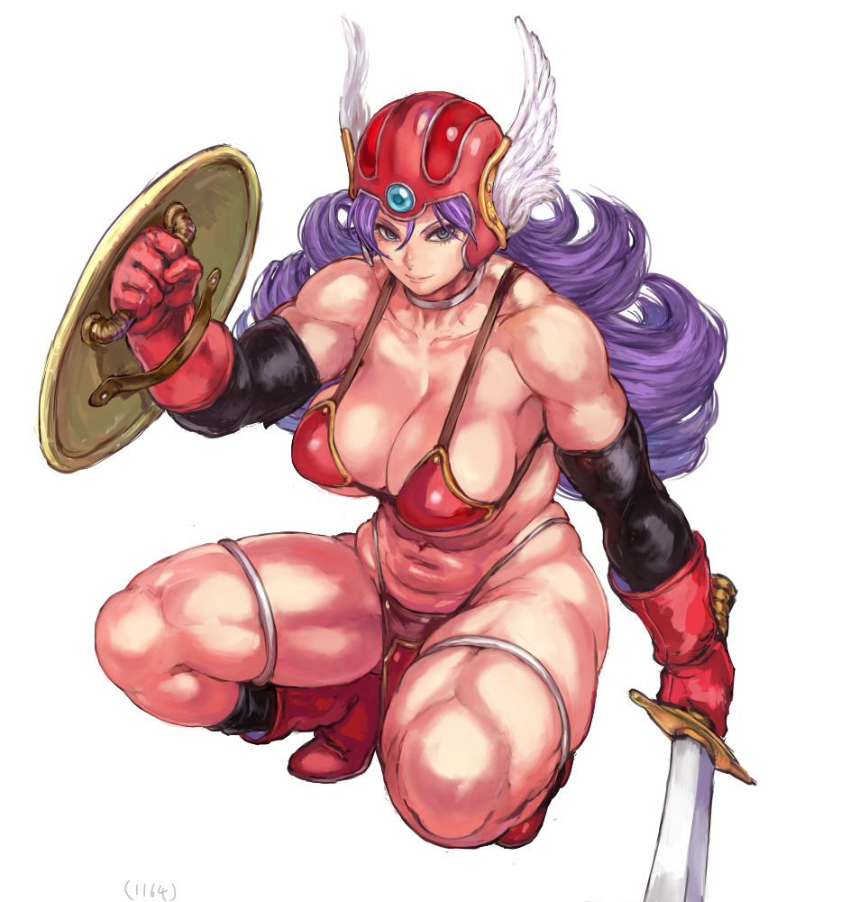 1girl armor bare_shoulders bikini bikini_armor black_legwear blue_eyes boots breasts cleavage clenched_hand closed_mouth collarbone commentary_request curly_hair detached_sleeves dragon_quest dragon_quest_iii elbow_gloves full_body gloves grey_choker hair_between_eyes helmet holding holding_shield holding_sword holding_weapon knee_boots kneehighs large_breasts loincloth long_hair looking_at_viewer muscle muscular_female navel number purple_hair red_armor red_bikini red_footwear red_gloves shield shu-mai simple_background smile soldier_(dq3) solo squatting swimsuit sword thick_thighs thigh_strap thighs tsurime v-shaped_eyebrows warrior weapon white_background winged_helmet