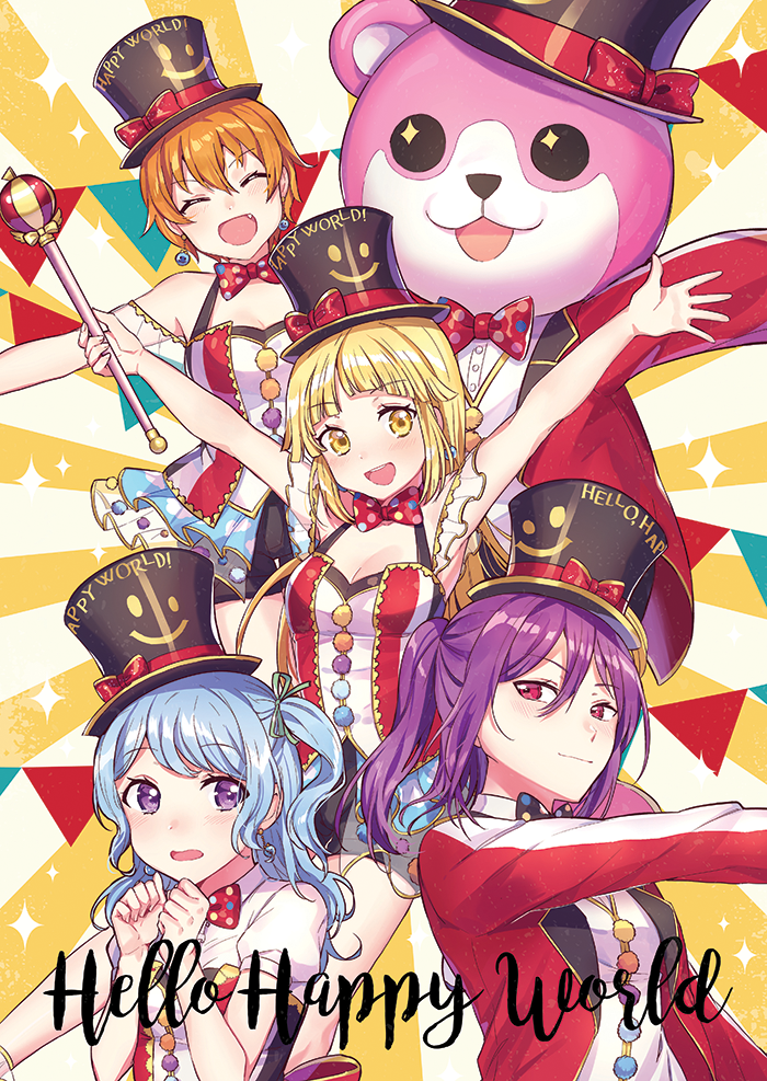 +_+ 5girls :3 :d \o/ ^_^ animal_costume arms_up bang_dream! bangs bear_costume black_hat black_shorts blonde_hair blue_hair bow bowtie clenched_hands closed_eyes earrings eyebrows_visible_through_hair fang group_name hair_between_eyes hands_up hat hat_ribbon headwear_writing hello_happy_world! holding_scepter jewelry kitazawa_hagumi light_blue_hair long_hair mascot_costume matsubara_kanon michelle_(bang_dream!) multiple_girls one_side_up open_mouth orange_hair outstretched_arms overskirt pennant polka_dot_neckwear pom_pom_(clothes) ponytail print_hat purple_hair red_neckwear red_ribbon ribbon seta_kaoru short_hair shorts sidelocks smile sparkle spread_arms string_of_flags suit_jacket sunburst tiny_(tini3030) top_hat tsurumaki_kokoro violet_eyes yellow_eyes