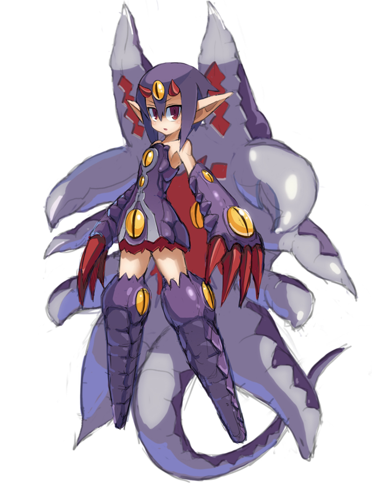 1girl bare_shoulders boots claws commentary_request desco_(disgaea) disgaea full_body gloves hair_between_eyes horns makai_senki_disgaea_4 monster_girl pointy_ears purple_hair red_eyes short_hair simple_background solo tail tentacle thigh-highs white_background yuusuke_(5yusuke3)