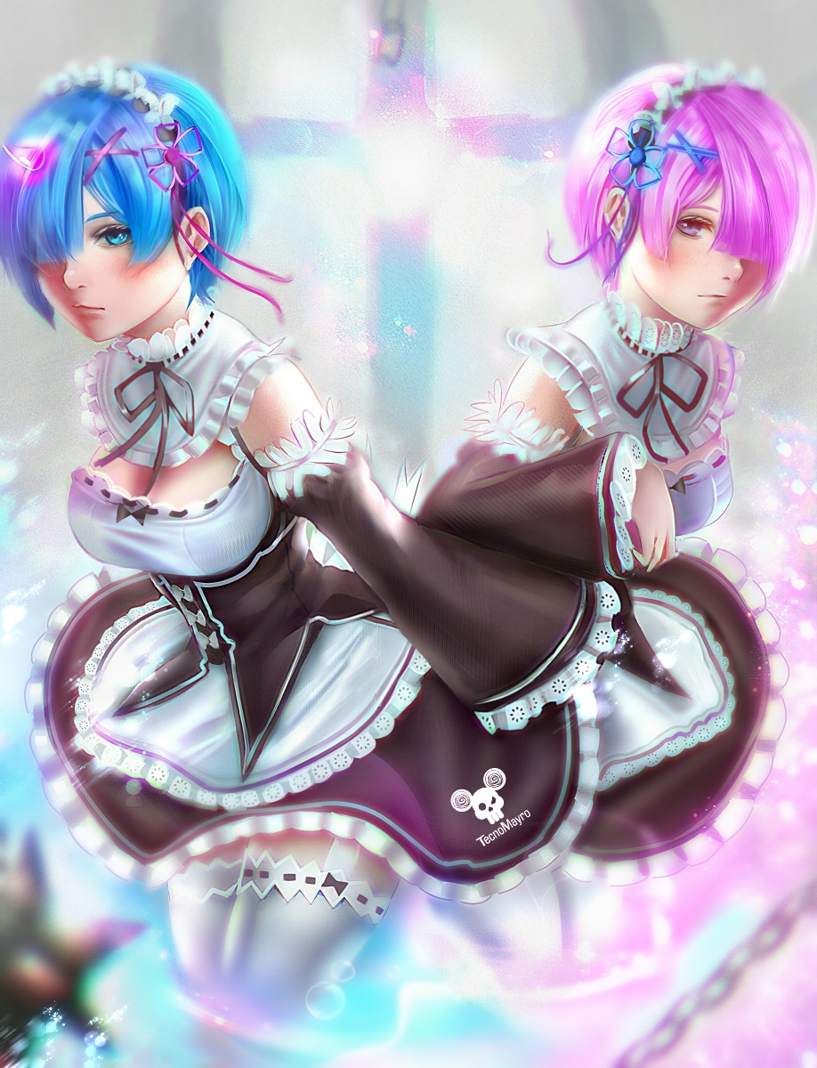 1girl alternate_hair_color artist_logo artist_name bangs black_bow black_ribbon black_sleeves blue_eyes blue_hair blue_ribbon bow breasts cleavage closed_mouth collar commentary_request detached_collar detached_sleeves frilled_collar frilled_sleeves frills hair_ornament hair_over_one_eye hair_ribbon highres long_sleeves maid maid_headdress neck_ribbon pantyhose purple_hair purple_ribbon ram_(re:zero) re:zero_kara_hajimeru_isekai_seikatsu rem_(re:zero) ribbon ribbon-trimmed_clothes ribbon_trim short_hair siblings sisters sleeves_past_fingers sleeves_past_wrists solo spanish_commentary tecnomayro thigh-highs twins underbust violet_eyes white_bow white_collar white_legwear window x_hair_ornament zettai_ryouiki