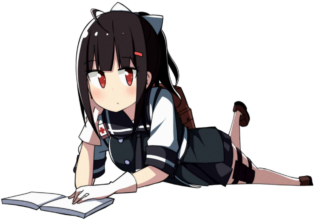 1girl ac130 ahoge bag bangs black_hair black_neckwear blush book breasts brown_footwear closed_mouth commentary_request eyebrows_visible_through_hair foot_up girls_frontline gloves gsh-18_(girls_frontline) hair_ornament hair_ribbon hairclip loafers looking_at_viewer lying on_stomach open_book pantyhose red_cross red_eyes ribbon school_uniform shoes short_sleeves sidelocks solo thigh_pouch white_background white_gloves white_legwear