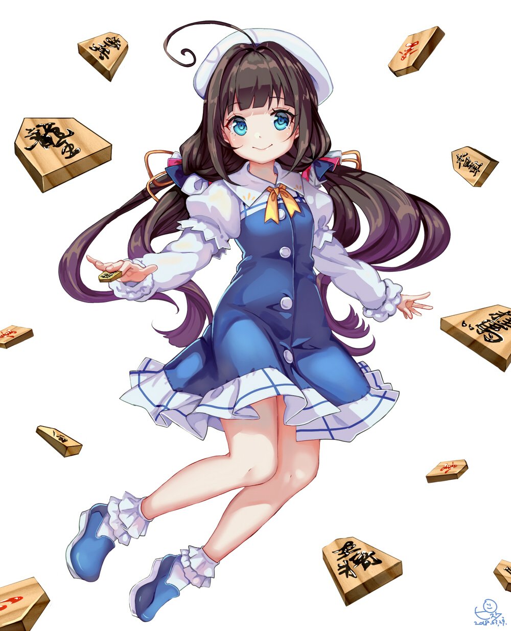 1girl ahoge bangs blue_dress blue_eyes blue_footwear blush board_game bobby_socks brown_hair buttons closed_mouth commentary_request dress full_body hat highres hinatsuru_ai holding holding_object long_hair long_sleeves looking_at_viewer low_twintails outstretched_arms pisuke puffy_short_sleeves puffy_sleeves ryuuou_no_oshigoto! school_uniform shoes short_over_long_sleeves short_sleeves shougi smile socks solo translated twintails very_long_hair white_background white_hat white_legwear