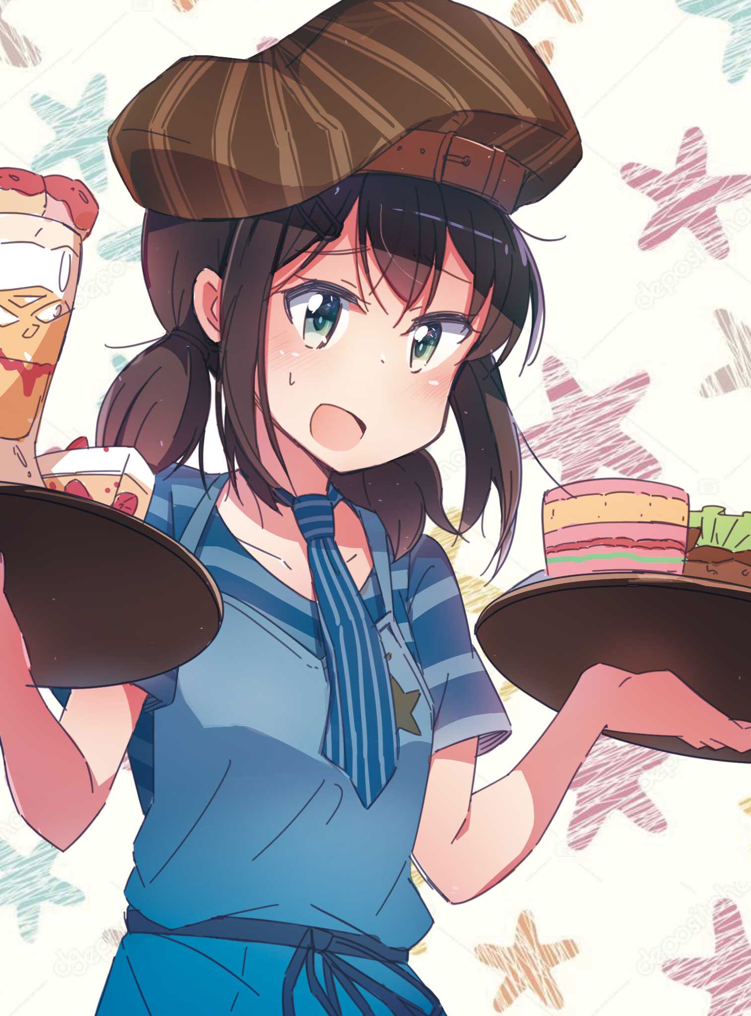 1girl :d apron bang_dream! bangs black_hair blue_apron blue_eyes blue_neckwear blue_shirt brown_hat cake collarbone commentary_request food hair_ornament hairclip hat hat_belt highres holding holding_tray ice_cream necktie okusawa_misaki open_mouth riiho_(drax4szn) shirt short_hair short_sleeves sidelocks slice_of_cake smile solo star starry_background striped_hat striped_neckwear sundae tray twintails upper_body waitress