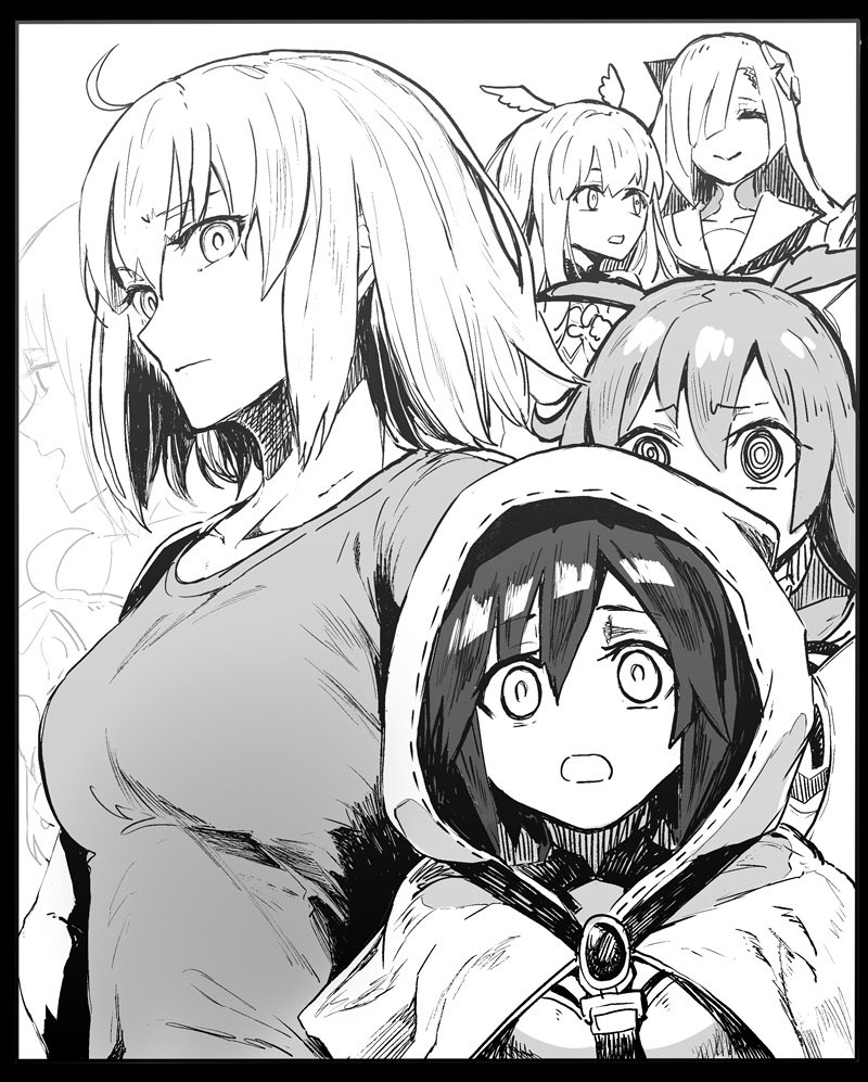 6+girls @_@ ahoge brynhildr_(fate) closed_eyes commentary fate/grand_order fate_(series) greyscale hair_between_eyes hair_over_one_eye head_wings hildr_(fate/grand_order) hood jeanne_d'arc_(alter)_(fate) jeanne_d'arc_(fate) jeanne_d'arc_(fate)_(all) jeanne_d'arc_alter_santa_lily long_hair monochrome multiple_girls multiple_persona open_mouth ortlinde_(fate/grand_order) short_hair smile syatey thrud_(fate/grand_order) upper_body valkyrie_(fate/grand_order)