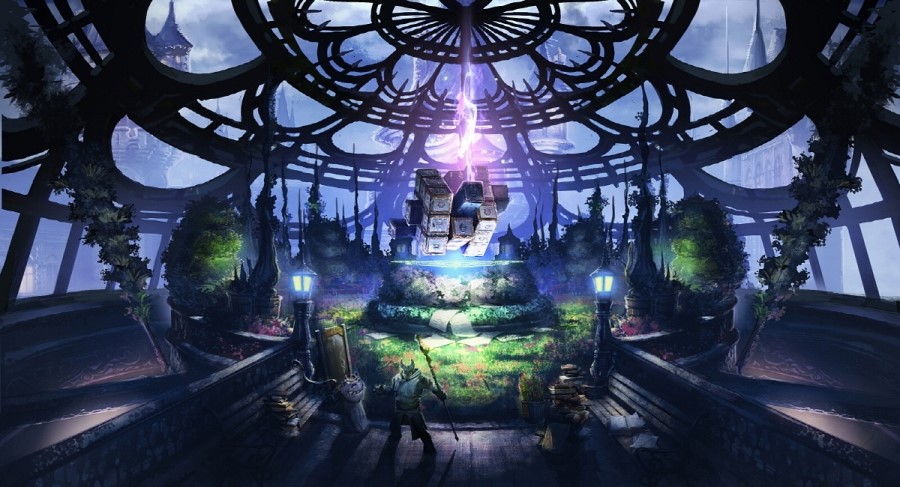 1boy aman book bridge castle commentary_request concept_art dome fantasy fillsupply fountain grass holding holding_staff indoors korean_commentary lamppost nature night night_sky official_art pages rubik's_cube scenery sign sky staff tera_online tower tree