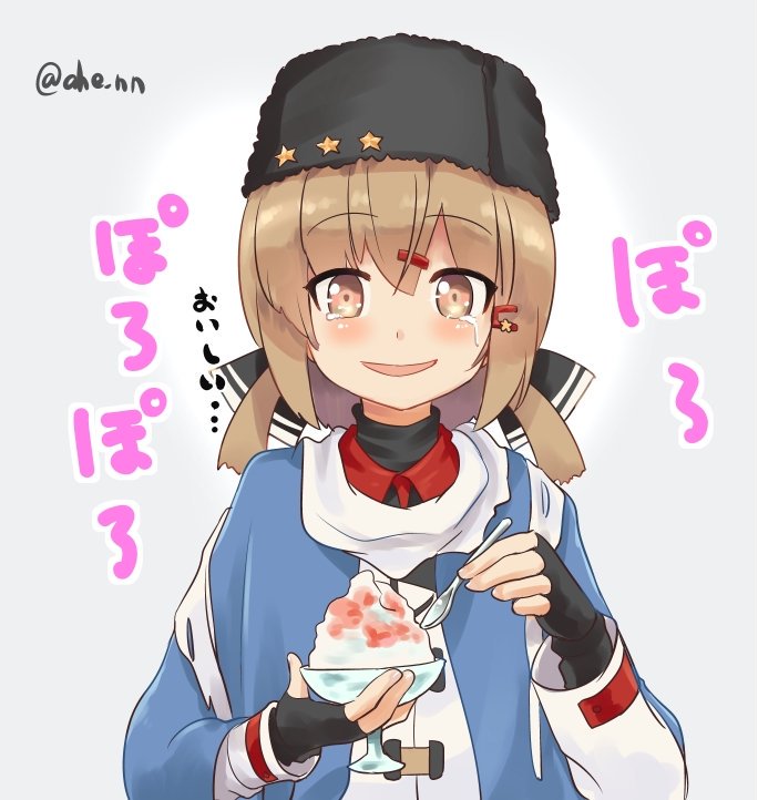 ahenn black_bow blue_shawl blush bow brown_eyes brown_hair crying crying_with_eyes_open eating eyebrows_visible_through_hair food hair_bow hair_ornament hairclip hat ice_cream jacket kantai_collection long_hair long_sleeves looking_at_viewer low_twintails open_mouth papakha red_shirt russian_clothes scarf shawl shirt star tashkent_(kantai_collection) tears torn_clothes torn_scarf translated twintails twitter_username white_jacket white_scarf
