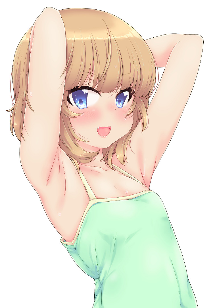 1girl :d armpits arms_behind_head bangs bare_arms bare_shoulders blonde_hair blue_eyes camisole casual commentary_request covered_navel eyebrows_visible_through_hair fang flat_chest girls_und_panzer green_shirt itou_ayachi katyusha looking_at_viewer open_mouth revision shirt short_hair simple_background sleeveless smile solo spaghetti_strap standing sweat upper_body white_background