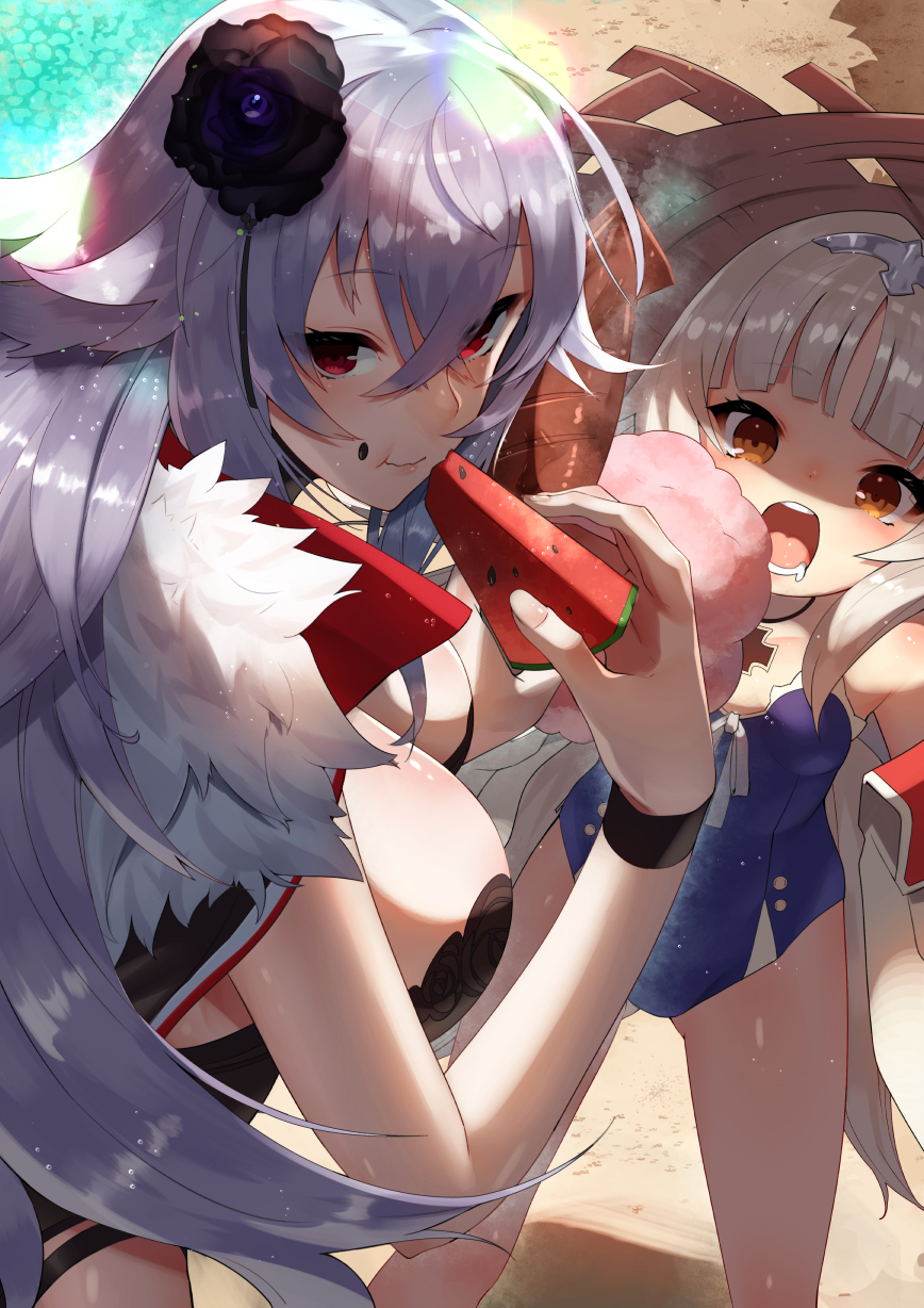 2girls :t azur_lane bangs bare_arms bare_shoulders black_flower breasts brown_eyes brown_hat character_request cotton_candy drooling eating eyebrows_visible_through_hair feet_out_of_frame flower food fruit fur_trim gluteal_fold hair_between_eyes hair_flower hair_ornament hand_up hat highres holding holding_fruit ikayaki jewelry large_breasts lens_flare light_particles long_hair looking_at_another looking_at_viewer looking_back multiple_girls necklace one-piece_swimsuit open_mouth red_eyes ribbon sand shadow shiny shiny_skin silver_hair small_breasts smile standing sukocchi sun_hat swimsuit thighs upper_body water watermelon watermelon_seeds white_ribbon wristband